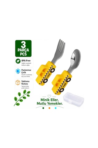 Jojobebek Kaşık Çatal Seti, Ergonomik Kısa Saplı Silikon, Paslanmaz Çelik Uçlu, Saklama Kutulu, (9-24 Ay) (TAKSİ FİGÜRLÜ-SARI)