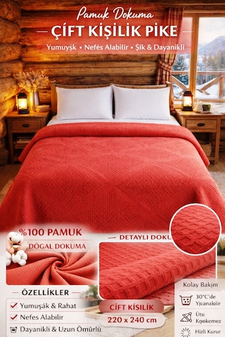 Şaheser %100 Pamuk Çift Kişilik Pike 240x220 Tek Pike -brick Red Kırmızı