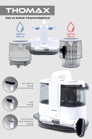 Thomax Dmw001a Koltuk Halı Yıkama Ve Leke Çıkartma Makinesi 1500 Ml Temiz 850 Ml Kirli Su Haznesi 600w Güç