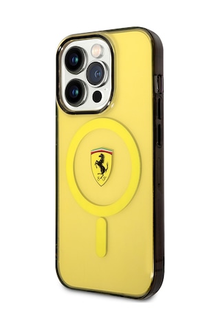 İphone Uyumlu 14 Pro Max Kılıf Ferrari Magsafe Şarj Özellikli Yarı Transparan Dizayn Kapak Sarı