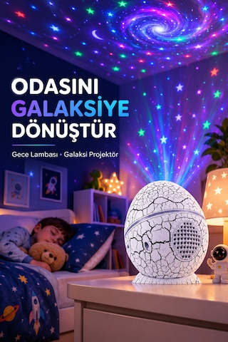 Dinozor Yumurtası Galaksi Projektör Gece Lambası 4'ü 1 Arada Bluetooth Hoparlörlü - Lisinya