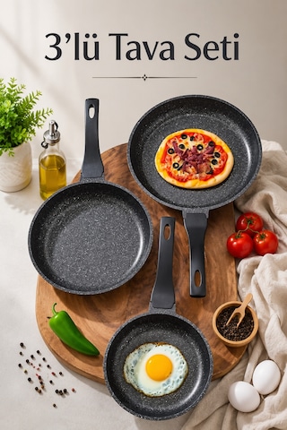 3'lü Tava Seti - Döküm Granit Yanmaz Yapışmaz Ergonomik Kulplu Premium Tava 21 - 25 - 30 Cm Siyah