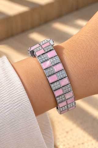 Rubenis Swiss Kadın Kol Saati 22x18 Mm Kristal Taşlı Çelik Kasa Ve Bilezik Pembe Sedef Detaylı Gümüş