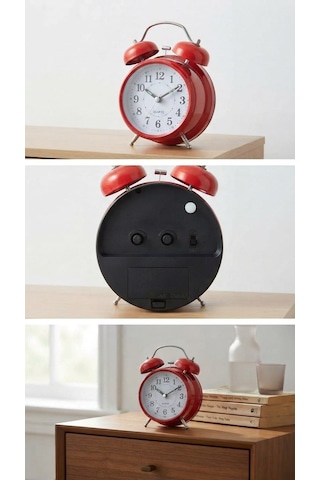Çalar Saat 21 Cm Kurmalı Alarm Lı Çalar Saat Büyük Boy Retro Vintage Çift Çanlı Komodin Saati Kırmızı
