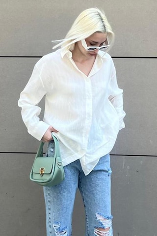 Madmext Beyaz Uzun Kollu Çizgili Oversize Gömlek Mg2080-beyaz Beyaz