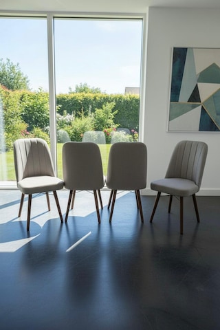 Nora 4 Adet Sandalye - Keten Kumaşlı Sandalye Modern Ahşap Ayaklı Yemek & Çalışma Sandalyesi Minimal Tasarım Krem