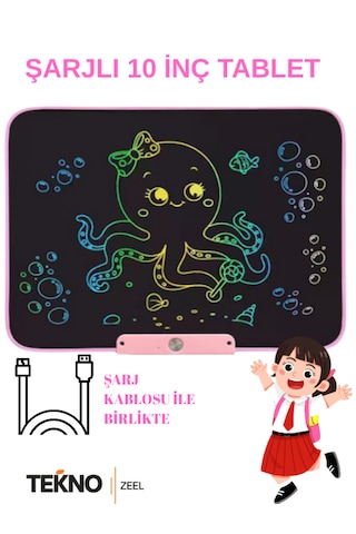 Grafik Çizim Ve Yazı Çocuk Tableti 10 İnç Pembe Şarjlı , Dijital Kalemli Renkli Tablet Usb Kablo Hediye