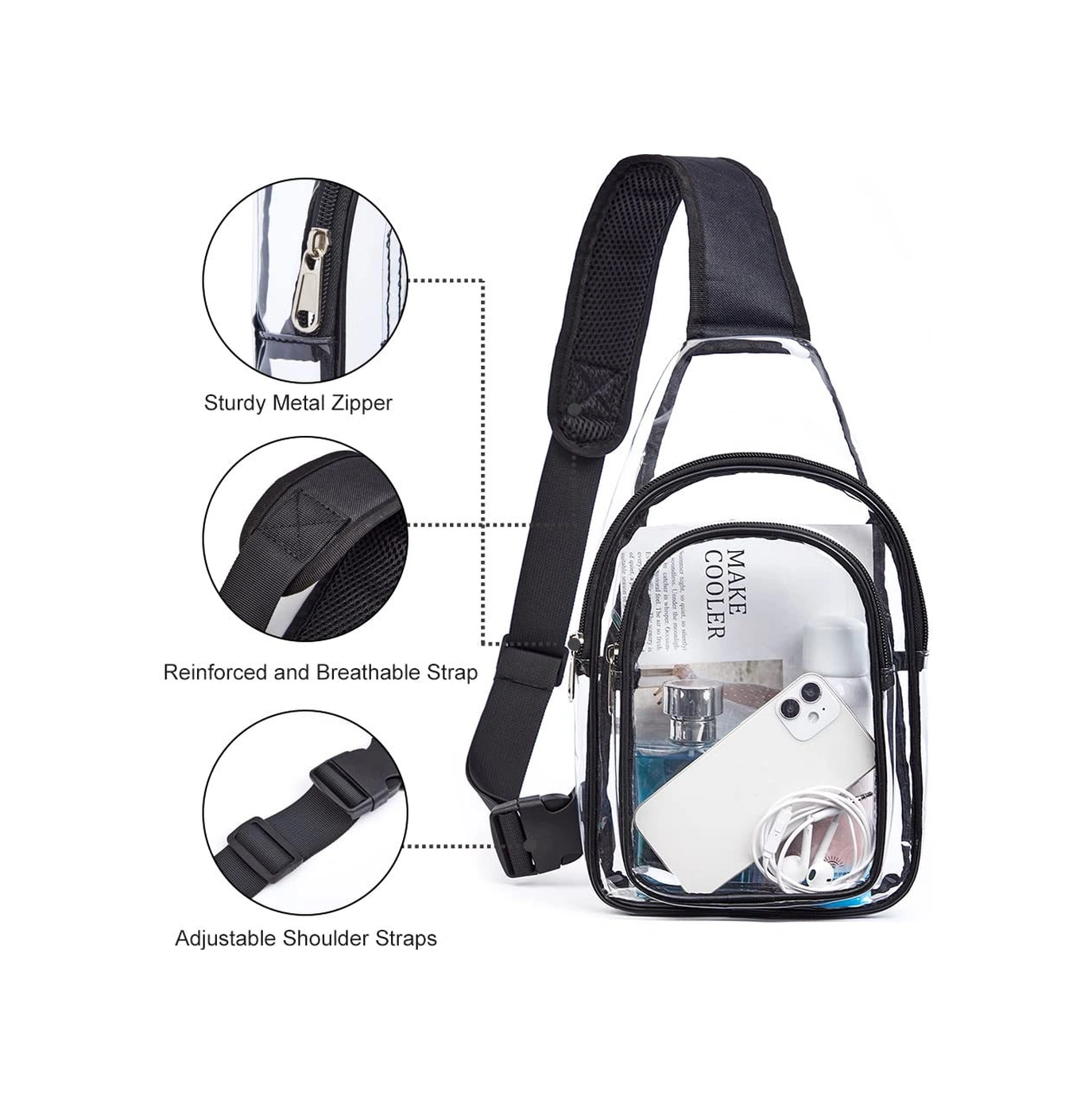 Yuntech01 Pvc Şeffaf Sling Çanta - Su Geçirmez Spor Stadyumu Güvenlik Çantası, Ayarlanabilir Askı, Üniversite Seyahat Çantası Çok Renkli