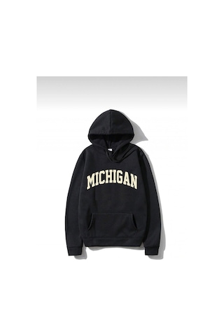 Unisex Oversize Mıchıgan Baskılı Kapüşonlu Sweatshirt siyah