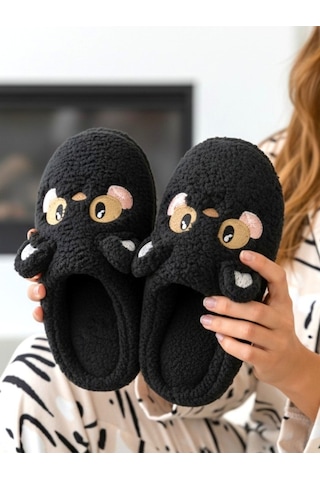 Ellaboni Panda Desenli Pofuduk Yünlü Kadın Siyah Ev Terliği Kışlık Çeyiz Ve Bohça Terliği Ses Yapmaz Yumuşak Kalın Taban