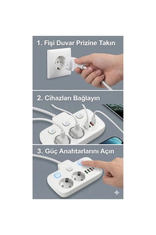 Akım Korumalı 2500w Güçlü 3 Usb + Type-c Portlu Çoklu Priz Hızlı Şarj, Çocuk Kilidi, 2 Metre 0 - 2 M