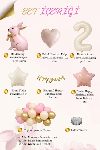 Pembe Tavşanlı 2 Yaş Doğum Günü Balon Seti