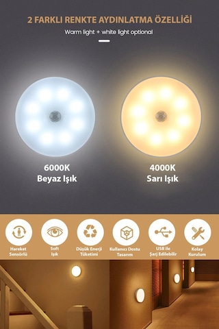 Technojet Usb Şarjlı Işık Renk Seçenekli Akıllı Hareket Sensörlü Spot Led Kablosuz Lamba 1 Adet