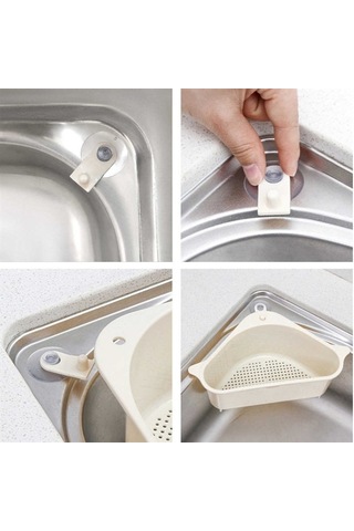 Vantuzlu Üçgen Sebze Meyve Lavabo Raf Evye Süzgeç Sünger Tutucu D Beyaz