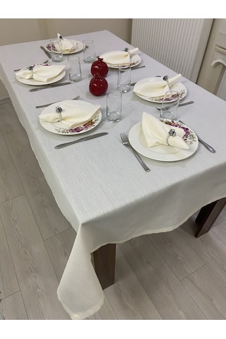 Keten Görünümlü Simli Masa Örtüsü Bej 25 Parça Set