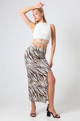 Gugus Kadın Derin Yırtmaçlı Dijital Baskılı Etek Maxi Boy 92 Cm Renkli Zebra