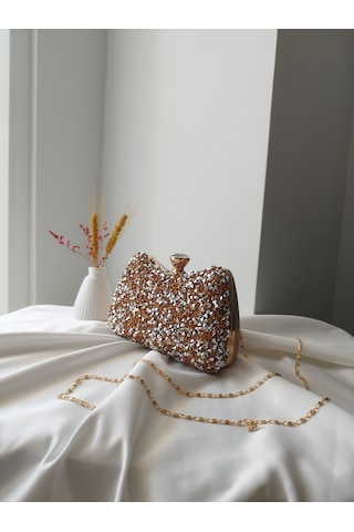 Vivazzaluxe Kristal Taşlı Kadın Abiye, Clutch Çanta Bronz