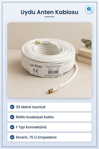 Uydu Anten Kablosu 25 M Rg6u Ω Koaksiyel F Tipi Konnektörlü Ekran