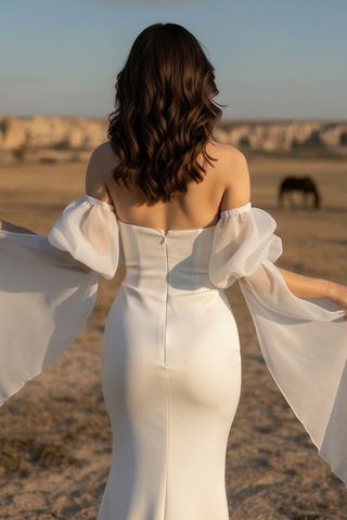 Berissima Bride Balık Nikah Elbisesi, Kırık Beyaz, Balon Portatif Kol, Kayık Yaka, Evden Çıkış Elbisesi, Ophelia Kırık Beyaz Kırık Beyaz