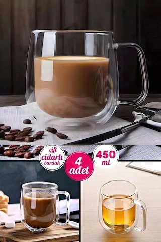 4'lü Çift Cidarlı Cam Kupa Bardak Fincanı Çift Katlı Isı 450 Ml Ev Ofis