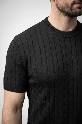 Vexor Erkek Yazlık Triko Dokuma Tişört Kısa Kol Bisiklet Yaka Örgü Desenli T-shirt - Siyah