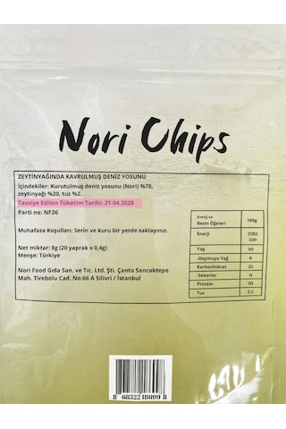 Nori Food Zeytinyağında Kavrulmuş Nori Yosun Cipsi 20 Yaprak 8g 95048403