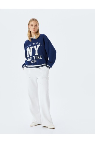 Koton Kolej Baskılı Biyeli Bisiklet Yaka Şardonlu Oversize Sweatshirt Lacivert 5wal10832ık Lacivert
