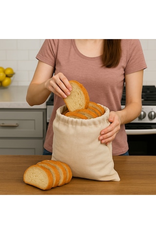 Ham Bez Ekmek Saklama Torbası 30x35 Cm Nefes Alabilir Ham Kumaş, Ağzı Büzgülü Bej