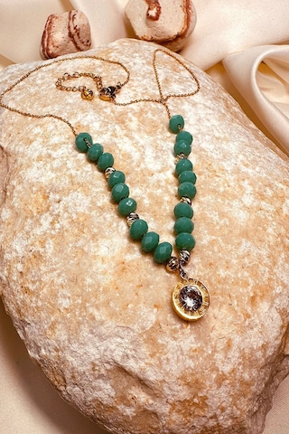 Turkuaz Boncuk Zirkon Tek Taşlı Gold Renk Paslanmaz Çelik Kadın Zincir Kolye