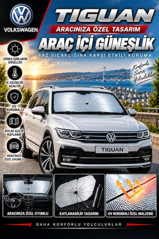 Volksvogen Tiguan Araç Ön Cam Güneşliği Katlanabilir Şemsiye Oto Güneşlik Uv Korumalı Gölgelik Araba Oto Şemsiyesi