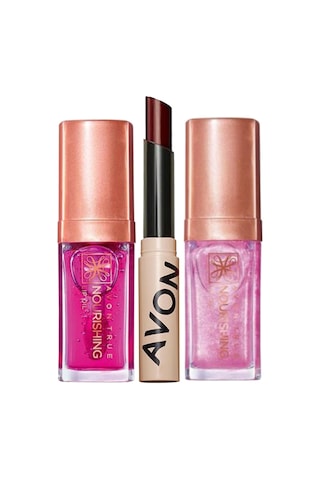Avon Tinted Lip Balm Renkli Dudak Balmı Plum + True Nourishing Dudak Yağı Blossom + True Nourishing Dudak Yağı Shimmering Petal