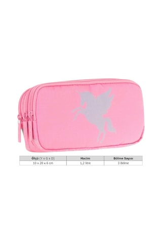 Kaukko Kids Üç Bölmeli Pembe, Unicorn, Kız Çocuk Okul Kalem Çantası - L8218 Açık Pembe