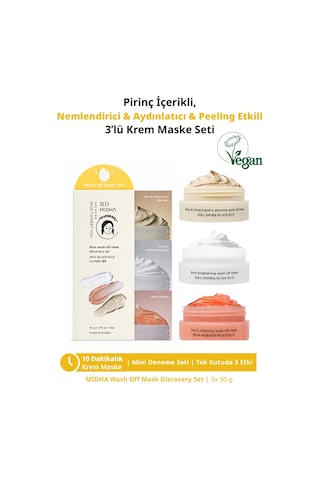 Nemlendirici Aydınlatıcı & Peeling Etkili 3lü Krem Maske Seti Mıdha Rice Wash Off Mask Discovery Set