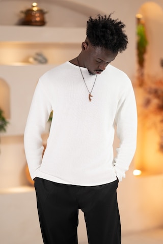 Regular Fit Likralı Kendinden Çizgili Mevsimlik Spor Kazak Beyaz