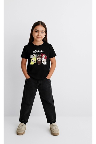 Barlashive Kız Labubu Çocuk Baskılı T-shirt - Siyah Çok Renkli