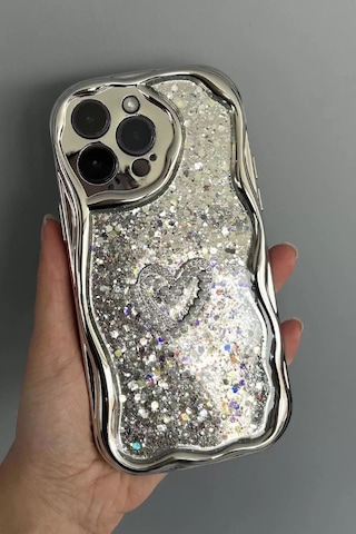 Caş Dekorasyon Gümüş Renk Kalp Figürlü Simli 14 Pro Max Telefon Kılıfı Gümüş