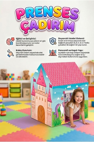 Prenses Ve Unicorn Temalı 100x70cm Kolay Kurulum Dayanıklı Çocuk Oyun Çadırı Çok Renkli