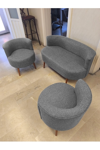 Azra Mobilya Sydney Çay Seti Koltuk Takımı Keten Kumaş 2+1+1 Ceviz Ayak Modern Salon & Ofis Takımı Açık Gri Açık Gri