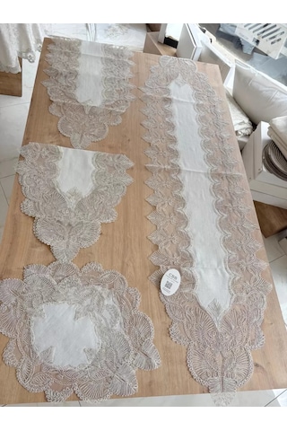 Salon Takımı Angel Çeyizlik Kreme Gold Runner Set 5 Parça Keten Ranır Masa Sehpa Konsol Örtüsü Çok Renkli