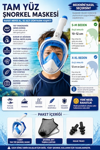 Tam Yüz Şnorkel Maske Panoramik Görüş Dry Top Sistem Dalış & Deniz Maskesi Anti-fog Su Geçirmez Snorkel Seti Açık Mavi