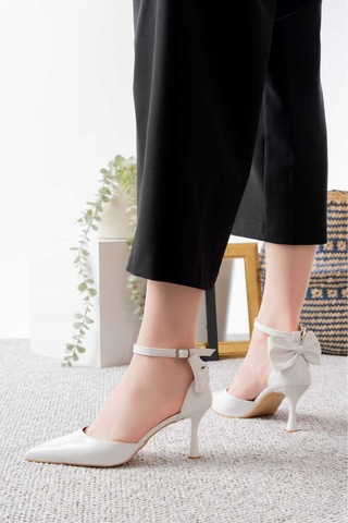 V.s.h Velvet Kadın Fiyonklu Abiye Rugan Topuklu 7cm Şık Ayakkabı-2240 Beyaz
