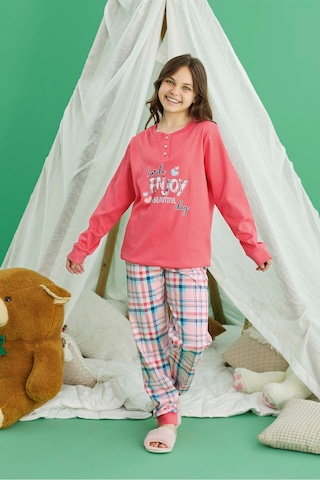 Aydoğan Kız Garson Koza İnterlok Mercan Ekose Pijama Takım 0725 Mercan