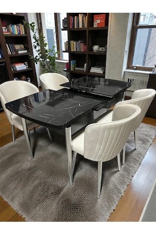 Msy Home 4 Kişilik Exclusive Kelebek Black Marble Krom Ayaklı Modern Yemek Odası Grubu 050922 Bej