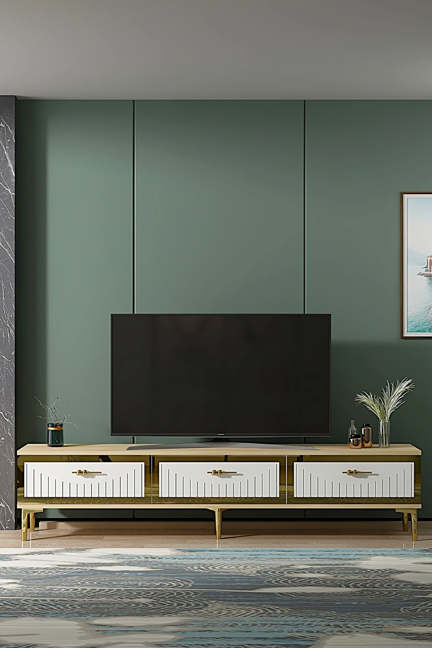 Tsa1802dbg - Tuna Tv Stand, Tv Sehpası Safirmeşe-beyaz-gold 180cm Beyaz