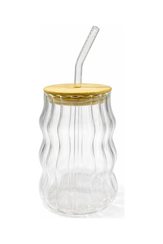 Linea Wave Bambu Kapaklı Cam Pipetli Bardak 450 Ml Dalga Desenli Şeffaf