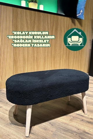 Paris Retro Ahşap Ayaklı Geniş Oturum Alanlı Oval Bench Puf Siyah