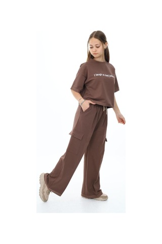 Kız Çocuk %100 Pamuk Oversize Kargo Cepli Yarım Kol Alt-üst Eşofman Takım-eşt-0016 Kahve