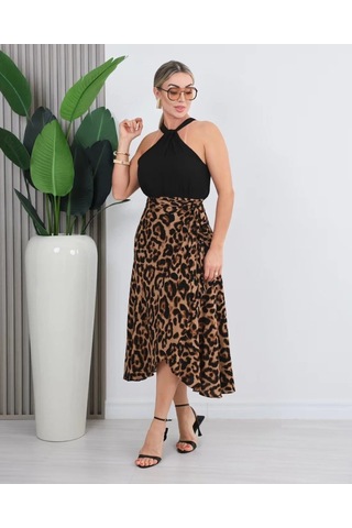 Valensdesign Kadın Önden Bağlamalı Leopar Desenli Süprem Uzun Etek