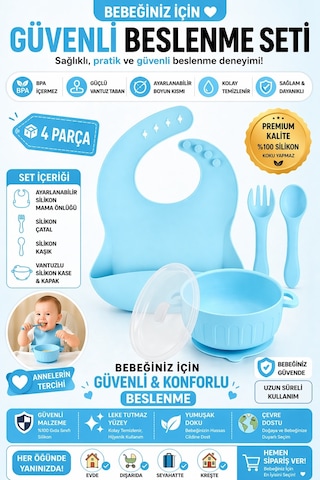 Silikon Beslenme Seti Silikon Vakumlu Kapaklı Mama Kase , Silikon Önlük, Silikon Kaşık