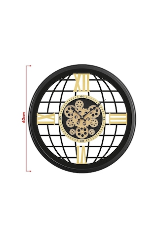 Gearline Serisi 60 Cm Döner Çarklı Mekanizmalı Roma Rakamlı Sessiz Akar Metal Dekoratif Duvar Saati Siyah-gold Çok Renkli